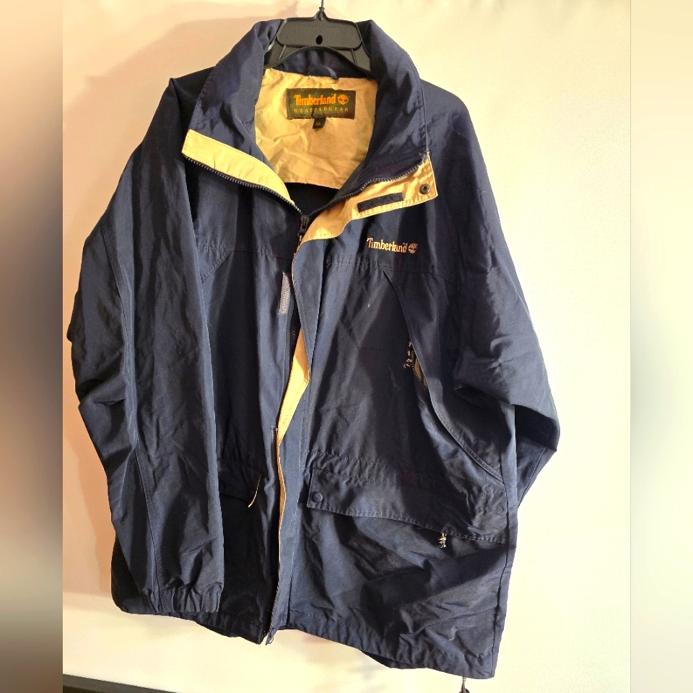 TIMBERLAND VINTAGE MEN'S WEATHERGEAR RAIN JACKET BLUE/TAN SIZE XLARGER